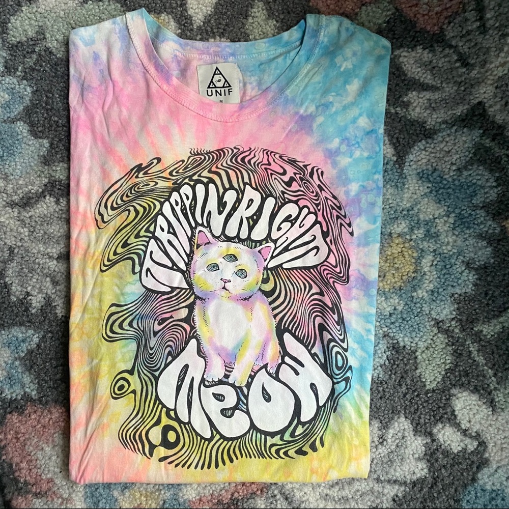 UNIF Rare Trippin Right Meow Tie Dye Cat Tee Shirt - Picture 3 of 5